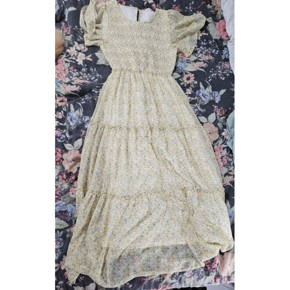 Yellow floral smocked tiered maxi dress size S